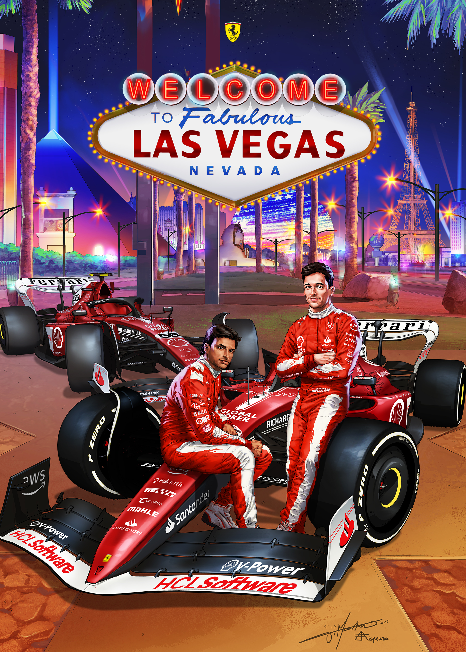22 2023 LAS VEGAS U.S.A  F1 FERRARI COVER ART RACE POSTER